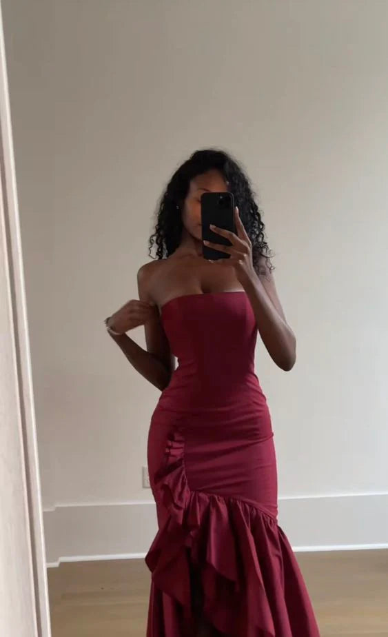 Vestidos de fiesta formales de sirena sin tirantes, de corte alto y bajo